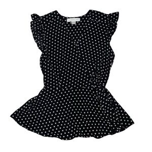 Monteau short-sleeve black blouse with polka dots, size medium.